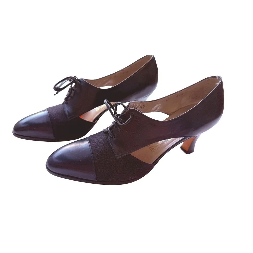 Salvatore Ferragamo Vintage Leather Fabric Lace Up D'Orsay Kitten Heels 7B Italy